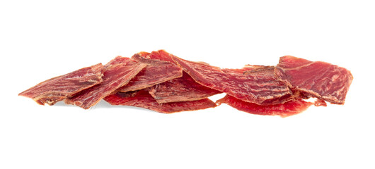Beef jerky pieces isolated on a white background