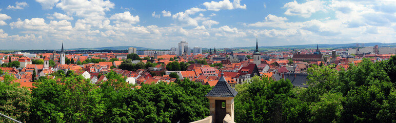 Cityscape Of Erfurt Germany On A Beautiful Sunny Summer Day With A Clear Blue Sky And A Few Clouds
