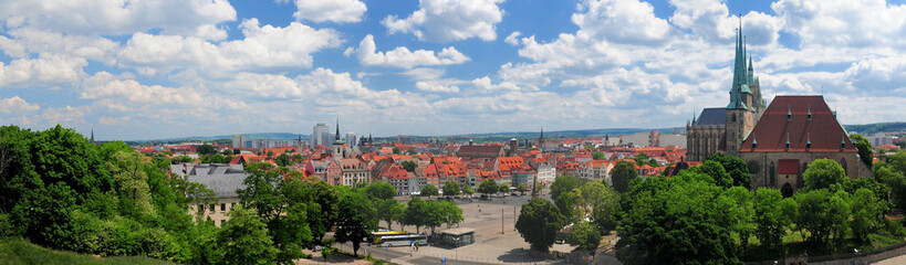Cityscape Of Erfurt Germany With The Famous Cathedral On The Right On A Beautiful Sunny Summer Day...