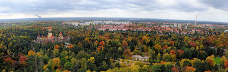 Panorama View From The Monument To The Battle Of The Nations Voelkerschlachtdenkmal To The City Of Leipzig Germany On A Beautiful Sunny Autumn Day With A Few Clouds In The Sky