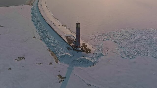 Aerial view of the lighthouse and Boat on the Kiev sea in Vyshgorod, Kyiv district, Ukraine