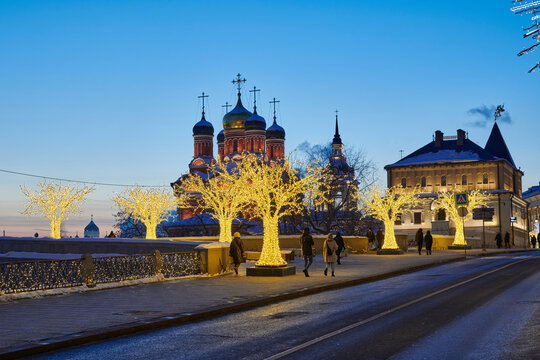 Russia. Winter Moscow. Evening illumination of Varvarka Street and Znamensky Cathedral