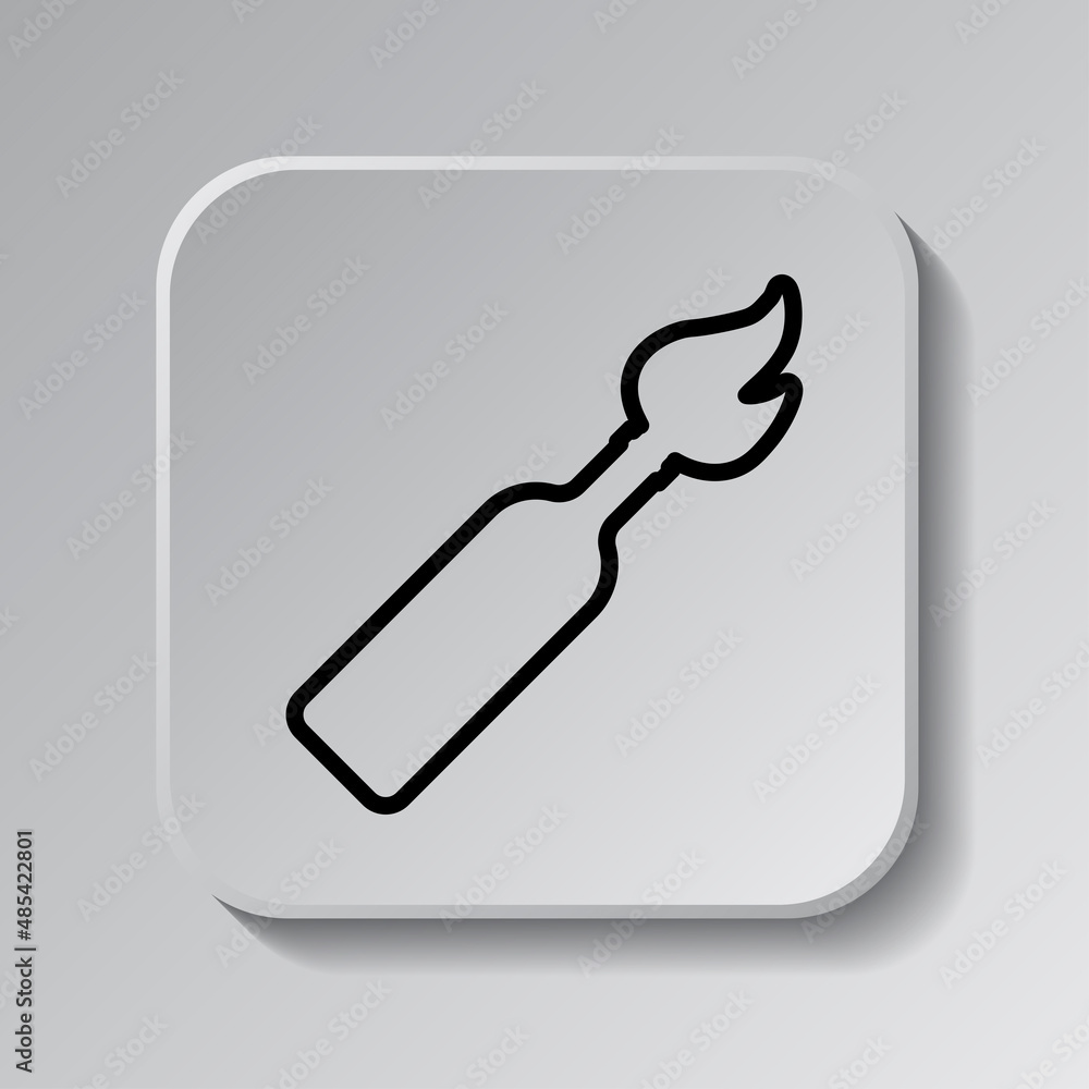 Poster molotov cocktail simple icon. flat desing. black icon on square button with shadow. grey background.