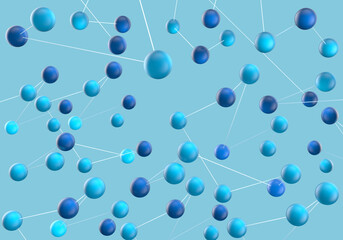 Connections atoms on blue background, particles fly.