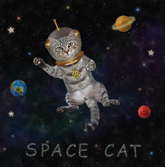 A gray cat astronaut in a spacesuit floats in outer space among the stars and planets.