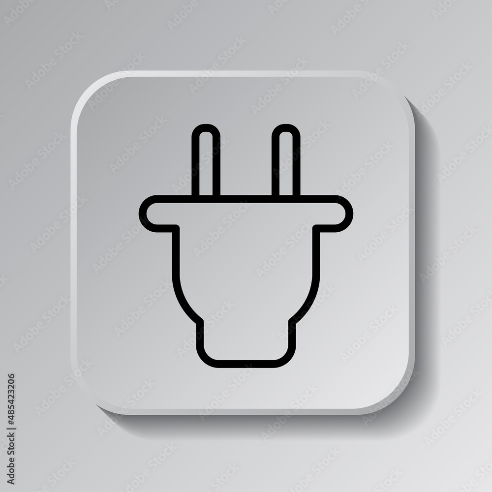 Poster plug simple icon. flat desing. black icon on square button with shadow. grey background.ai