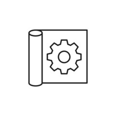 Engineering documents with gear wheel icon. High quality black vector illustration.