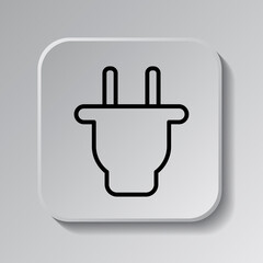 Plug simple icon. Flat desing. Black icon on square button with shadow. Grey background.ai