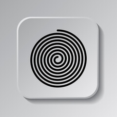 Spiral simple icon. Flat desing. Black icon on square button with shadow. Grey background.ai