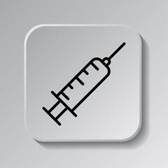 Syringe simple icon. Flat desing. Black icon on square button with shadow. Grey background.ai