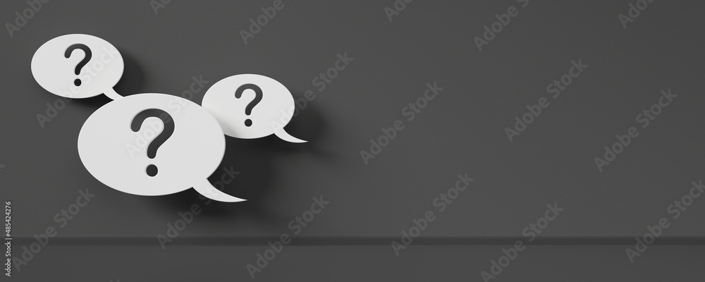 Poster group of white speech bubbles with question marks on dark grey room background with copy space, idea
