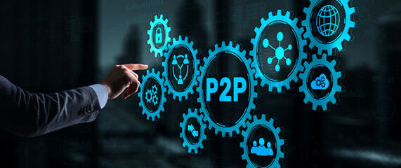 Businessman presses button p2p peer-to-peer on virtual interface