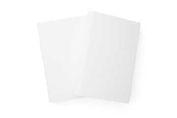 Two white blank book templates or mock ups on white background with copy space top view flat lay from above