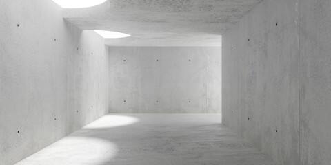 Abstract empty, modern concrete room with circular openings on the left, corner and rough floor - industrial interior background template