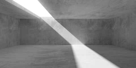 Empty modern abstract concrete room with light thru rectangular ceiling opening on the left and rough floor - industrial interior background template