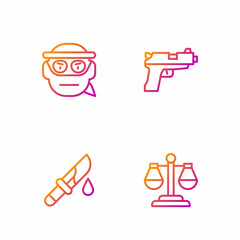 Set line Scales of justice, Bloody knife, Bandit and Pistol or gun. Gradient color icons. Vector