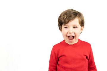 Happy child laughing on white background. Copy space