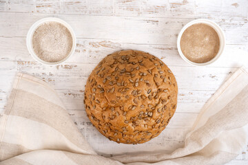 Homemade sourdough bread loaf with rye flour and rye sourdough.