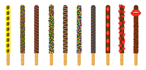 Pepero day. Biscuit sticks in chocolate. Icing colorful geometric shapes. Pocky straw stick set. Vector illustration isolated.