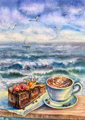 Breakfast in a beautiful location with a sea view. Cappuccino and a piece of cake. Watercolor.