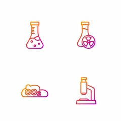 Set line Microscope, CO2 emissions in cloud, Test tube and with toxic liquid. Gradient color icons. Vector