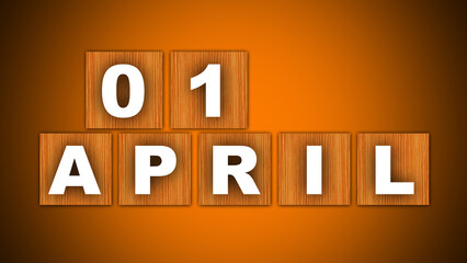 01 April Text Title - Square Wooden Concept - Orange Background - 3D Illustration