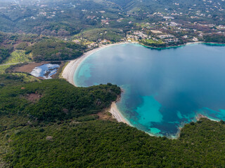 Aerial drone view om kalami beach and lake in corfu island greece