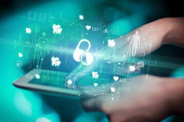 Close-up of a touchscreen with healthcare icons