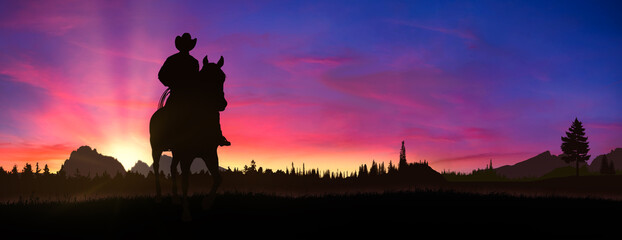 Cowboy on a horse at sunset © ginettigino