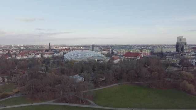 Leipzig Panorama Rosental Zoo Gondwanaland Westin Germany Saxony Sachsen - Aerial view Drone Shot