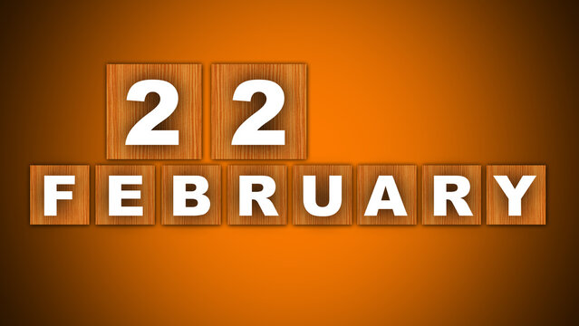 22 February Text Title - Square Wooden Concept - Orange Background - 3D Illustration
