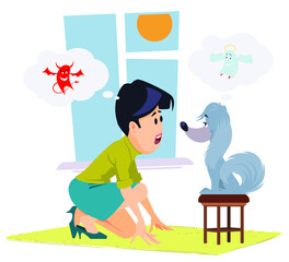 Woman scolds cute dog. Illustration concept for website and mobile website development.