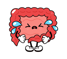 Cute funny crying sad intestines character. Vector hand drawn traditional cartoon vintage, retro, kawaii character illustration icon. Isolated on white background. Cry intestines character concept