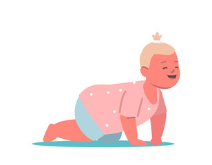 Little Baby Girl in Diapers Crawl on Floor Isolated on White Background. Cute Cheerful Smiling Child Female Character