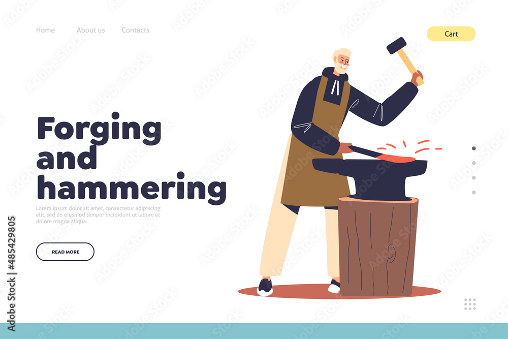 Sticker forging and hammering concept of landing page with blacksmith with sledgehammer work in forge