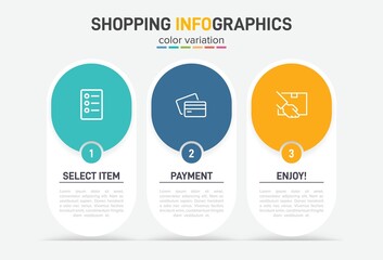 Concept of shopping process with 3 successive steps. Three colorful graphic elements. Timeline design for brochure, presentation, web site. Infographic design layout.