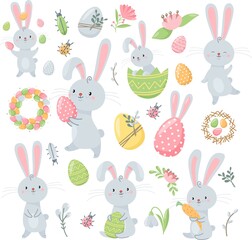 Vector Easter set. Easter bunnies are holding eggs.