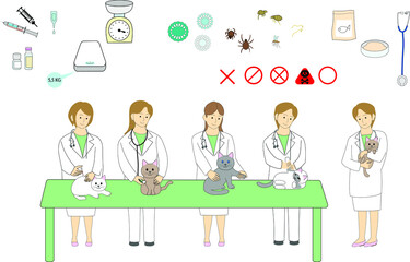 Group of female veterinarians taking care of a cat with veterinary tools, icons  and medicine