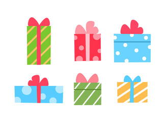 Fototapeta na wymiar Gift box flat icons set on white background. Colorful present with ribbon and bow. Celebration festive holiday birthday party element design. Modern minimal prize package. Surprise vector illustration