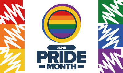 Pride Month in June. LGBT flag. Lesbian Gay Bisexual Transgender. Celebrated annual. Rainbow colours, love concept. Human rights and tolerance. Poster, banner and background. Vector illustration