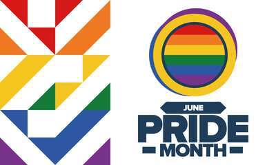 Pride Month in June. LGBT flag. Lesbian Gay Bisexual Transgender. Celebrated annual. Rainbow colours, love concept. Human rights and tolerance. Poster, banner and background. Vector illustration