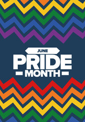 Pride Month in June. LGBT flag. Lesbian Gay Bisexual Transgender. Celebrated annual. Rainbow colours, love concept. Human rights and tolerance. Poster, banner and background. Vector illustration