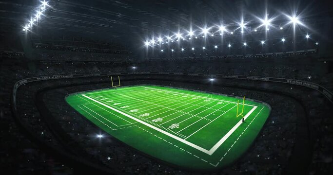 American football stadium with yellow goal posts on grass field and glowing spotlights and camera flashes. Sport advertisement 4K video loop.