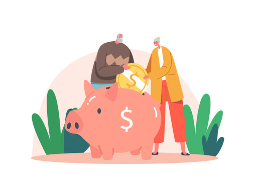 Pension Fund Savings, Elderly Man And Woman Characters Put Coin To Piggy Bank Rejoice To Get Superannuation