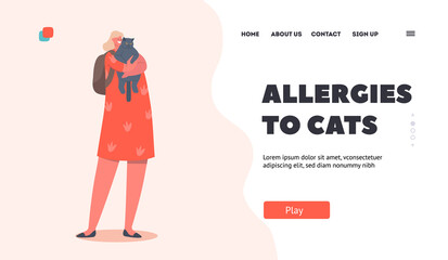 Allergies to Cats Landing Page Template. Girl Embrace Grumpy Cat, Child Character Cuddle with Home Pet, Kid Hold Kitten
