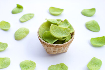 Prawn crackers in bamboo basket. Shrimp crispy rice snack