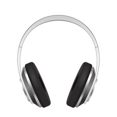 Earphones realistic. Silver headphone front view. Audio gadget with speaker, wireless mobile earbuds