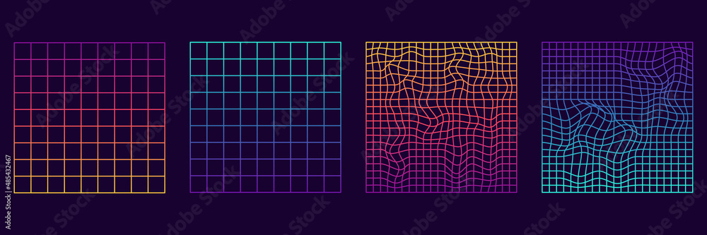 Poster set of distorted grid square neon pattern. warp futuristic geometric square glitch. abstract modern 