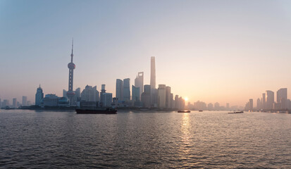beautiful landscape of shanghai bund in the twilight, including many famous landmarks in Lujiazui Pudong Shanghai.