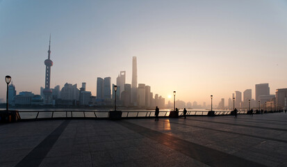 beautiful landscape of shanghai bund in the twilight, including many famous landmarks in Lujiazui Pudong Shanghai. - obrazy, fototapety, plakaty